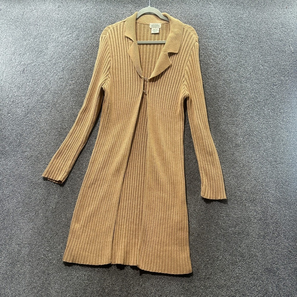 Vintage Made In USA Duster Cardigan Women Large Tan 100% Cotton‎ Longline Ribbed